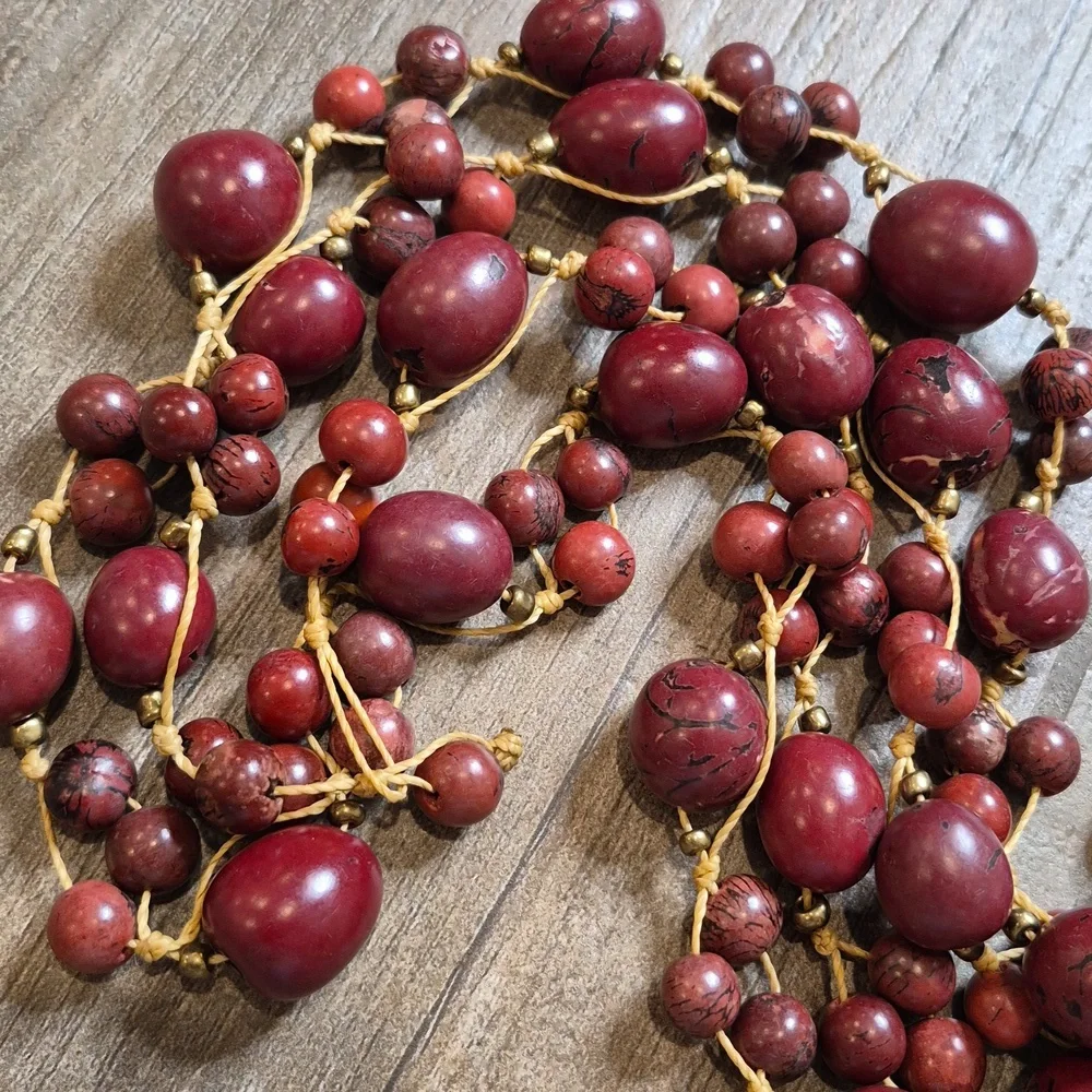 Vintage Cranberry Maroon Beaded Gold Tone Spacers Knotted Cord Long Necklace - Picture 13 of 14